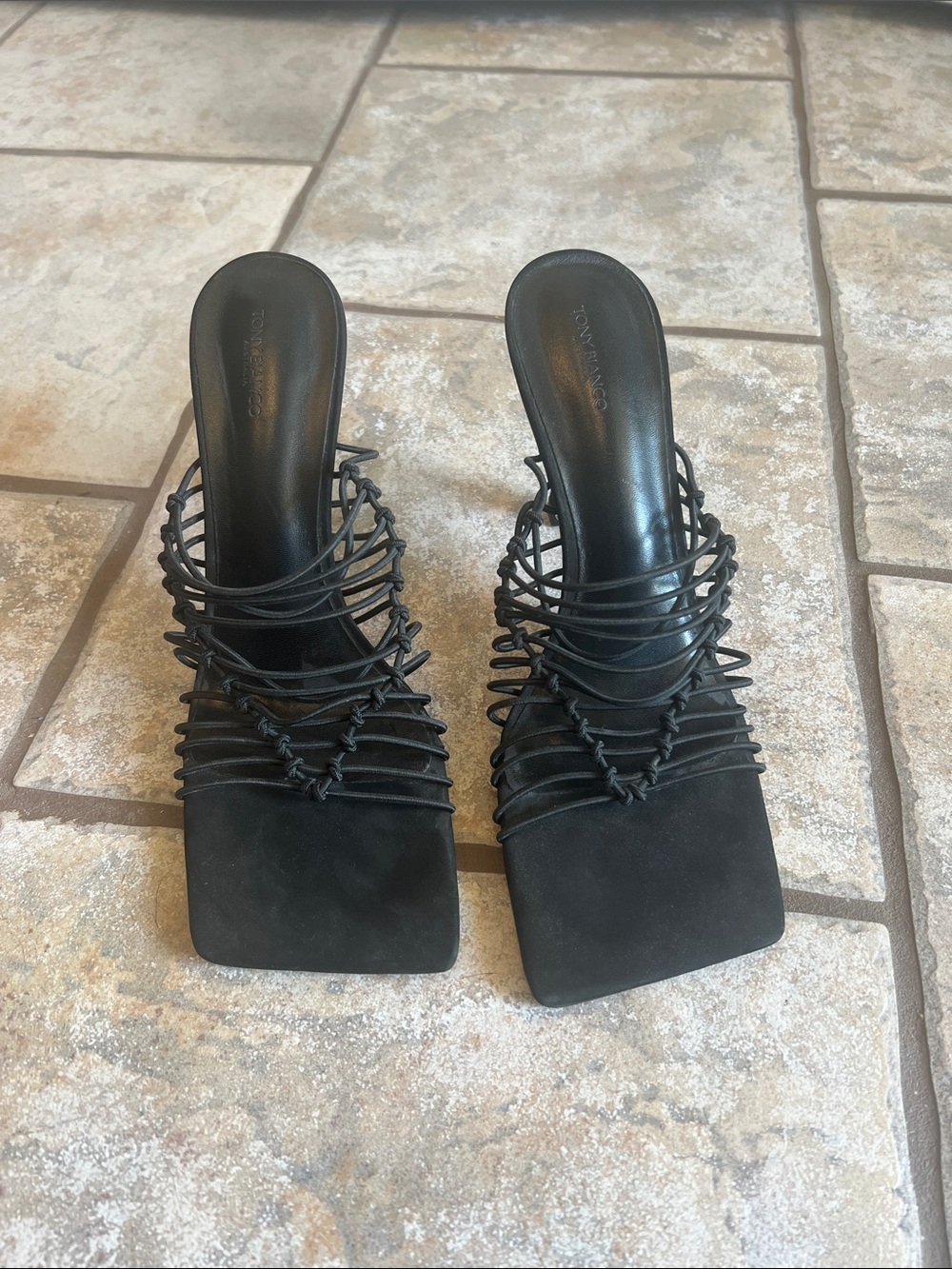 Tony Bianco Black Strappy Square-Toe Heeled Sandals